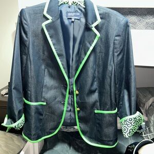 Jones New York Navy Blue Blazer with Green Piping